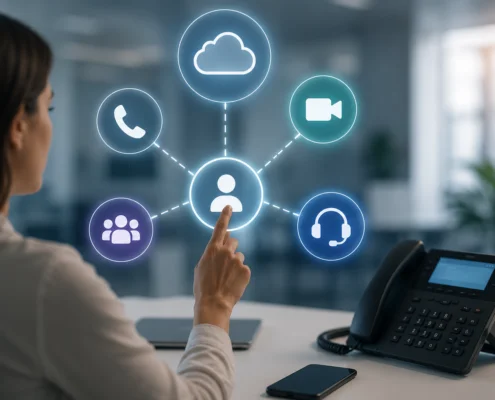 Employee accessing phone, video, cloud, team, and support communication tools